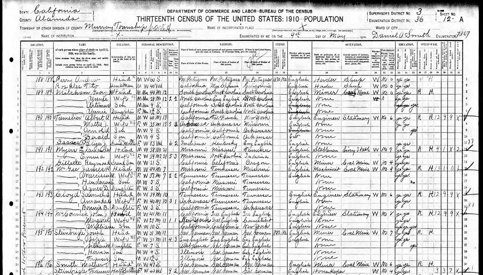 A page of the 1 9 0 5 census.