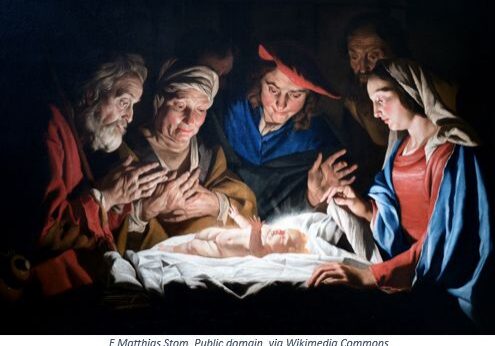A painting of jesus in the manger with his disciples.