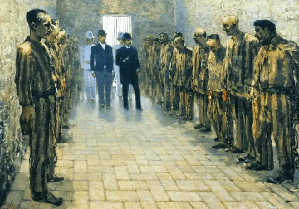 A painting of a group of men standing in a hallway.