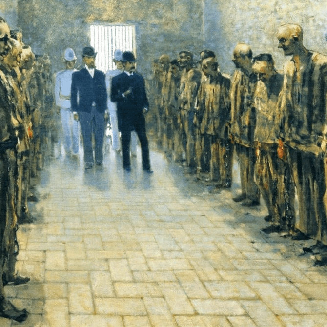A painting of a group of men standing in a hallway.