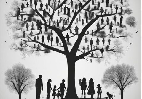 A tree with people and trees in the middle of it